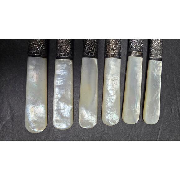 Mother of Pearl Fruit Knives Set of 6 Sterling Ferrule India Stainless Blades - Picture 10 of 10